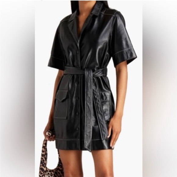 GANNI Black Leather Belted Dress Excellent Condition 38